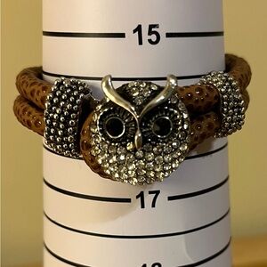 Owl snap bracelet with brown spotted faux leather and clear rhinestones